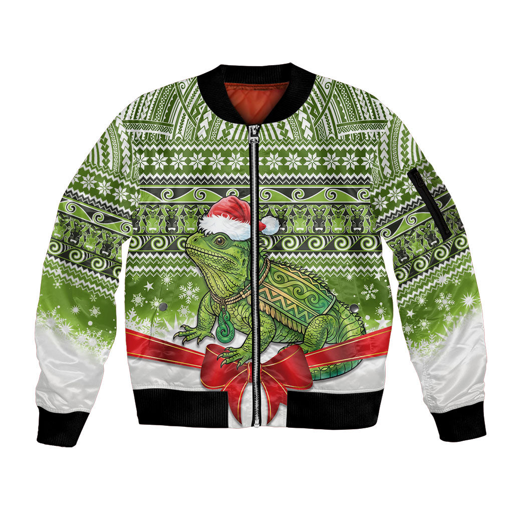 New Zealand Tuatara Christmas Sleeve Zip Bomber Jacket Maori Inspired Knitted Patterns LT9 Unisex Green - Polynesian Pride