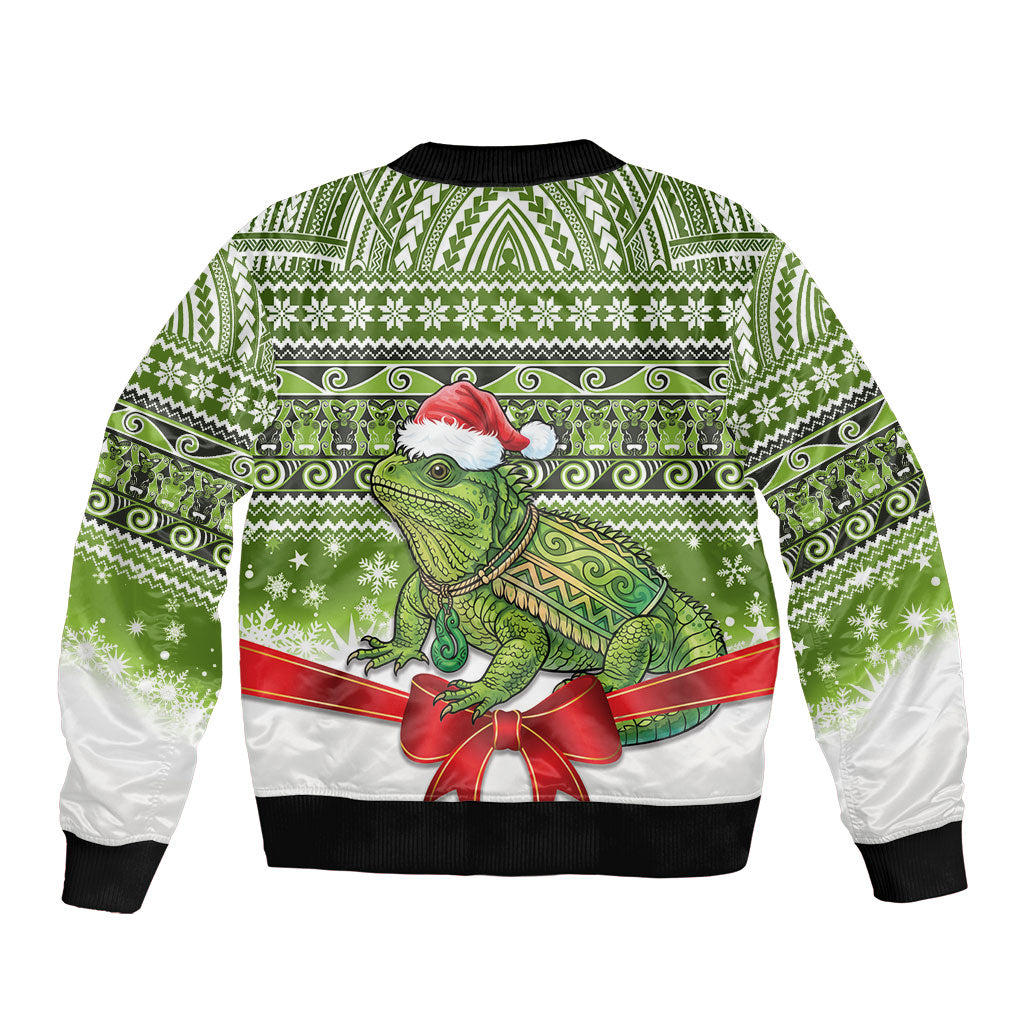 New Zealand Tuatara Christmas Sleeve Zip Bomber Jacket Maori Inspired Knitted Patterns LT9 - Polynesian Pride