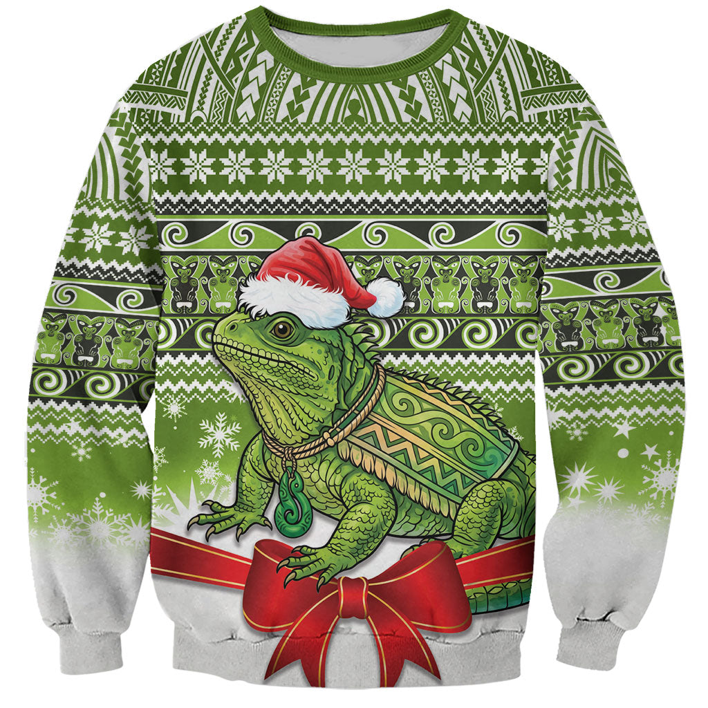 New Zealand Tuatara Christmas Sweatshirt Maori Inspired Knitted Patterns LT9 Unisex Green - Polynesian Pride