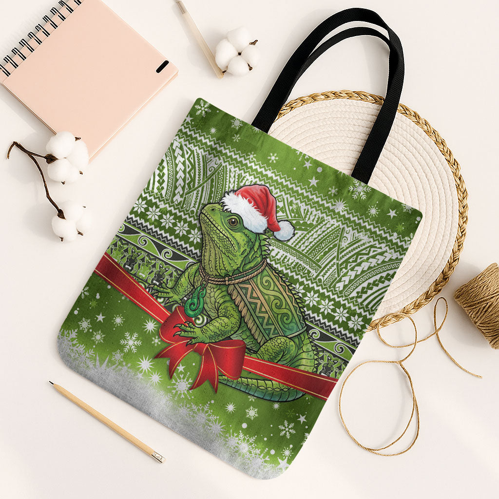 New Zealand Tuatara Christmas Tote Bag Maori Inspired Knitted Patterns LT9 Black Strap One Size Green - Polynesian Pride