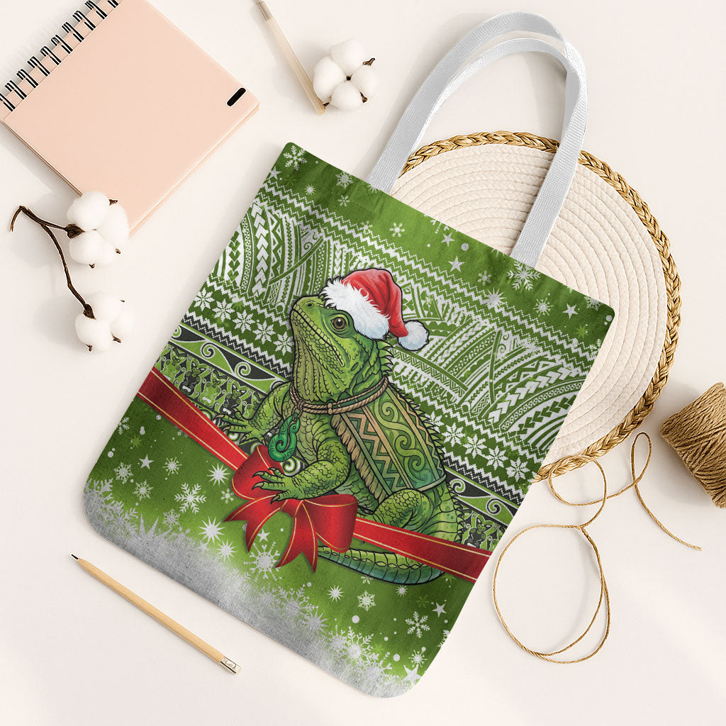 New Zealand Tuatara Christmas Tote Bag Maori Inspired Knitted Patterns LT9 White Strap One Size Green - Polynesian Pride
