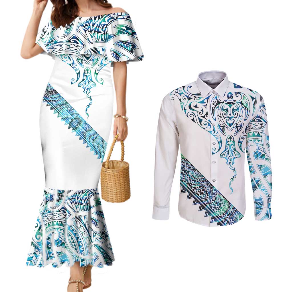 Kahui Whetu Paua shell Kowhaiwhai Taniko Personalised Couples Matching Mermaid Dress and Long Sleeve Button Shirt Manta Ray Shark-Turtle Maori Tribal Style LT9 Blue - Polynesian Pride