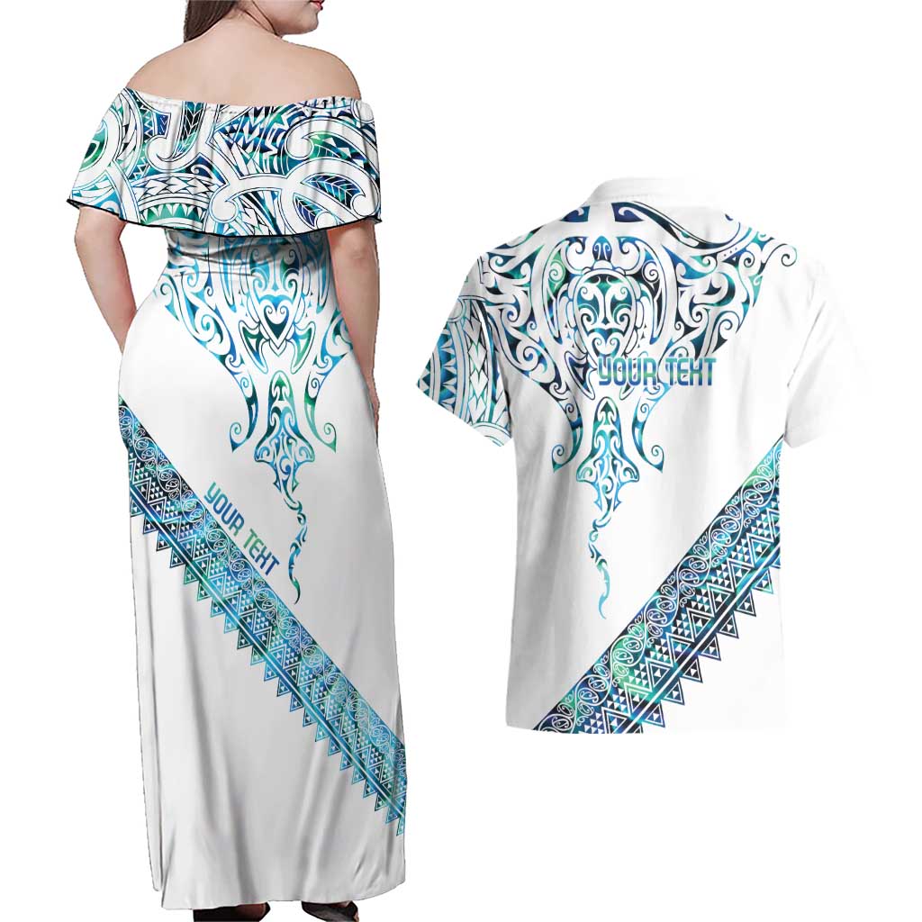 Kahui Whetu Paua shell Kowhaiwhai Taniko Personalised Couples Matching Off Shoulder Maxi Dress and Hawaiian Shirt Manta Ray Shark-Turtle Maori Tribal Style LT9 - Polynesian Pride