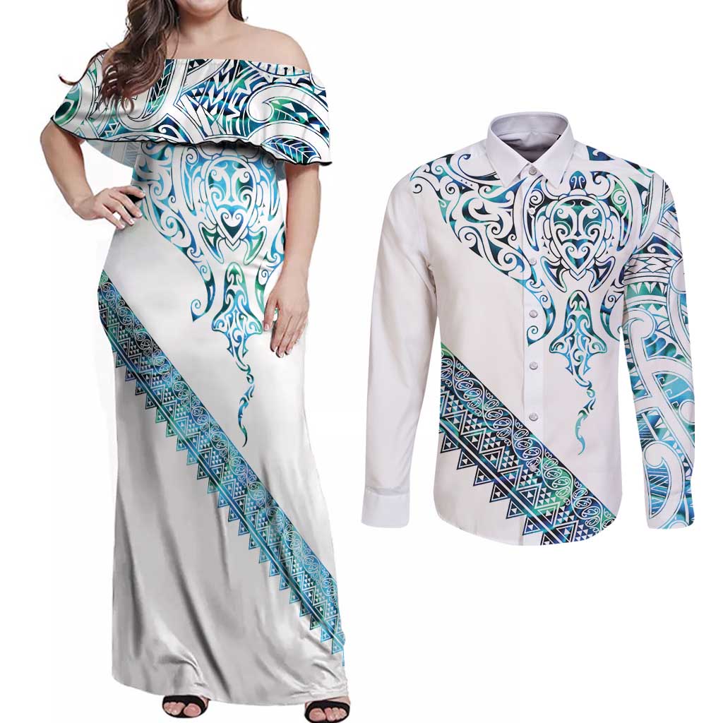 Kahui Whetu Paua shell Kowhaiwhai Taniko Personalised Couples Matching Off Shoulder Maxi Dress and Long Sleeve Button Shirt Manta Ray Shark-Turtle Maori Tribal Style LT9 Blue - Polynesian Pride