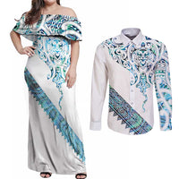 Kahui Whetu Paua shell Kowhaiwhai Taniko Personalised Couples Matching Off Shoulder Maxi Dress and Long Sleeve Button Shirt Manta Ray Shark-Turtle Maori Tribal Style LT9 Blue - Polynesian Pride