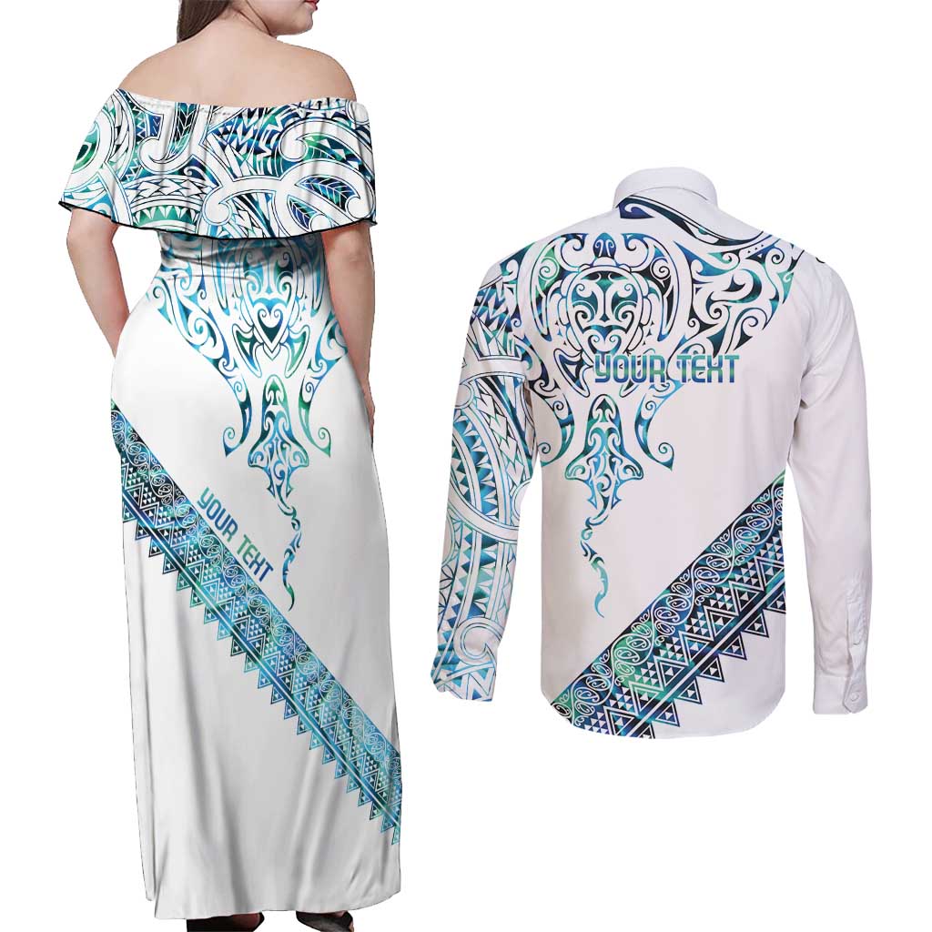 Kahui Whetu Paua shell Kowhaiwhai Taniko Personalised Couples Matching Off Shoulder Maxi Dress and Long Sleeve Button Shirt Manta Ray Shark-Turtle Maori Tribal Style LT9 - Polynesian Pride
