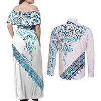 Kahui Whetu Paua shell Kowhaiwhai Taniko Personalised Couples Matching Off Shoulder Maxi Dress and Long Sleeve Button Shirt Manta Ray Shark-Turtle Maori Tribal Style LT9 - Polynesian Pride
