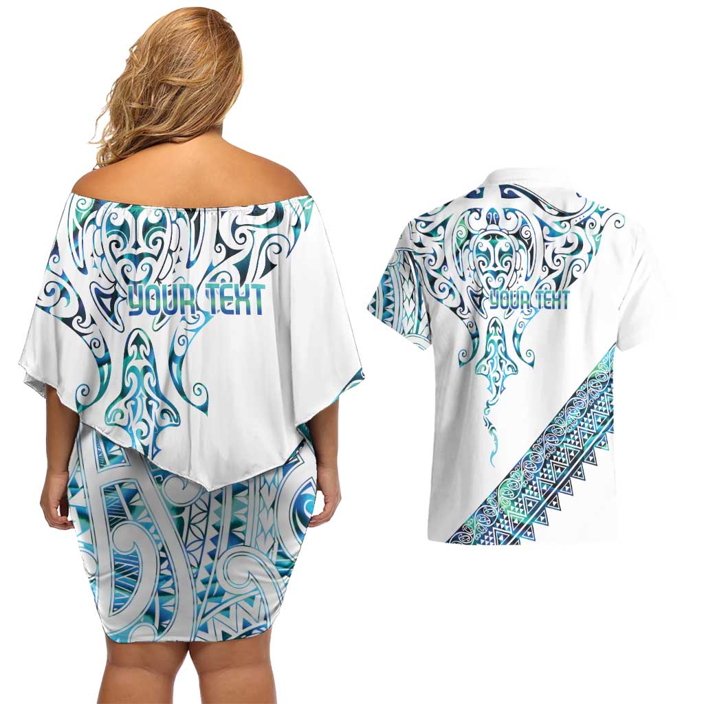 Kahui Whetu Paua shell Kowhaiwhai Taniko Personalised Couples Matching Off Shoulder Short Dress and Hawaiian Shirt Manta Ray Shark-Turtle Maori Tribal Style LT9 - Polynesian Pride