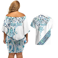 Kahui Whetu Paua shell Kowhaiwhai Taniko Personalised Couples Matching Off Shoulder Short Dress and Hawaiian Shirt Manta Ray Shark-Turtle Maori Tribal Style LT9 - Polynesian Pride