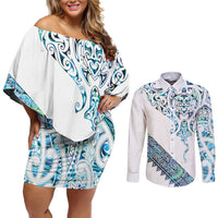 Kahui Whetu Paua shell Kowhaiwhai Taniko Personalised Couples Matching Off Shoulder Short Dress and Long Sleeve Button Shirt Manta Ray Shark-Turtle Maori Tribal Style LT9 Blue - Polynesian Pride