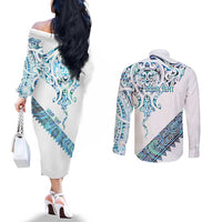 Kahui Whetu Paua shell Kowhaiwhai Taniko Personalised Couples Matching Off The Shoulder Long Sleeve Dress and Long Sleeve Button Shirt Manta Ray Shark-Turtle Maori Tribal Style LT9 - Polynesian Pride