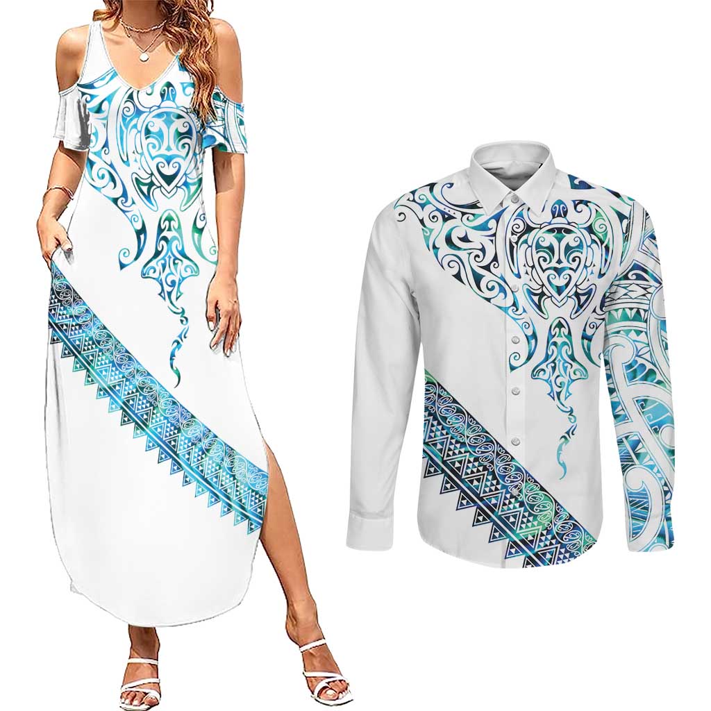 Kahui Whetu Paua shell Kowhaiwhai Taniko Personalised Couples Matching Summer Maxi Dress and Long Sleeve Button Shirt Manta Ray Shark-Turtle Maori Tribal Style LT9 Blue - Polynesian Pride