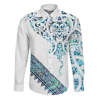Kahui Whetu Paua shell Kowhaiwhai Taniko Personalised Family Matching Long Sleeve Bodycon Dress and Hawaiian Shirt Manta Ray Shark-Turtle Maori Tribal Style LT9 Dad's Shirt - Long Sleeve Blue - Polynesian Pride