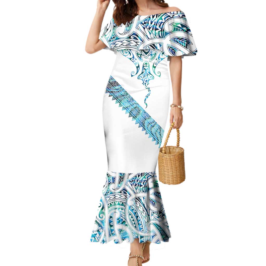 Kahui Whetu Paua shell Kowhaiwhai Taniko Personalised Family Matching Mermaid Dress and Hawaiian Shirt Manta Ray Shark-Turtle Maori Tribal Style LT9 Mom's Dress Blue - Polynesian Pride