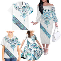 Kahui Whetu Paua shell Kowhaiwhai Taniko Personalised Family Matching Off The Shoulder Long Sleeve Dress and Hawaiian Shirt Manta Ray Shark-Turtle Maori Tribal Style LT9 - Polynesian Pride