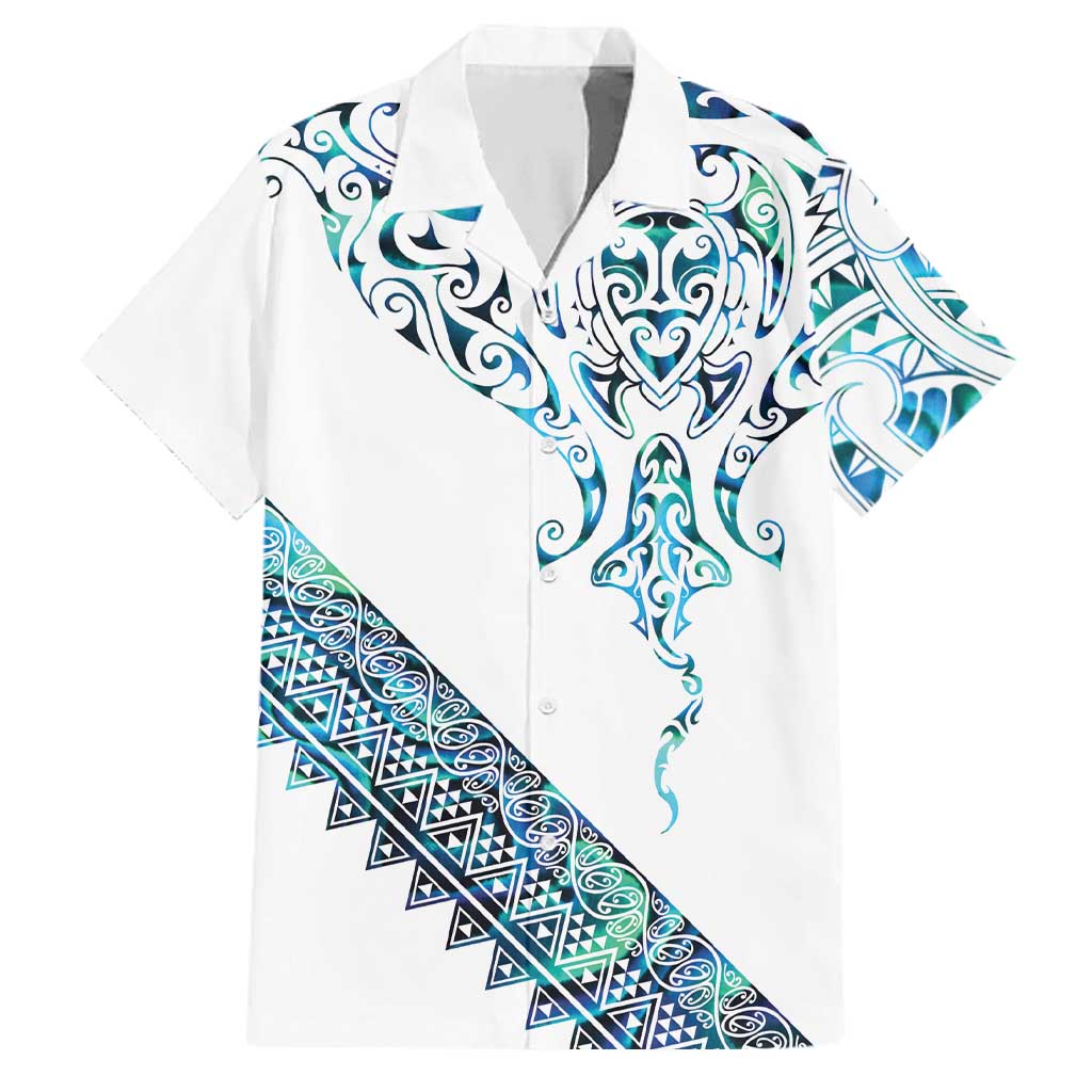 Kahui Whetu Paua shell Kowhaiwhai Taniko Personalised Family Matching Off Shoulder Maxi Dress and Hawaiian Shirt Manta Ray Shark-Turtle Maori Tribal Style LT9 Dad's Shirt - Short Sleeve Blue - Polynesian Pride