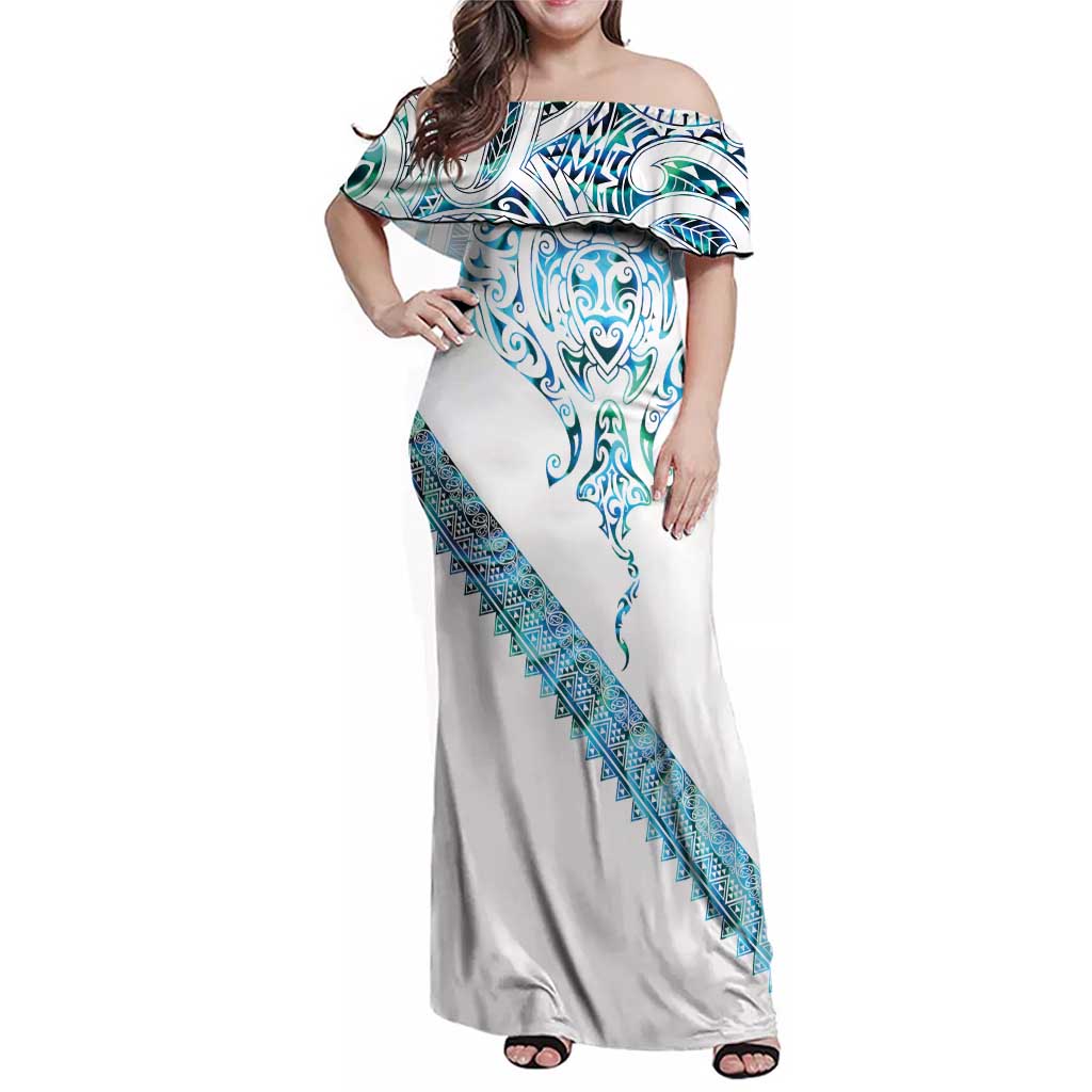 Kahui Whetu Paua shell Kowhaiwhai Taniko Personalised Family Matching Off Shoulder Maxi Dress and Hawaiian Shirt Manta Ray Shark-Turtle Maori Tribal Style LT9 Mom's Dress Blue - Polynesian Pride