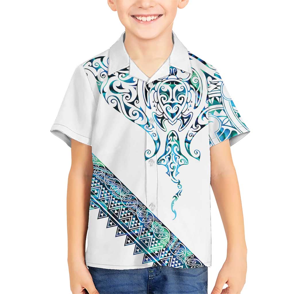 Kahui Whetu Paua shell Kowhaiwhai Taniko Personalised Family Matching Off Shoulder Short Dress and Hawaiian Shirt Manta Ray Shark-Turtle Maori Tribal Style LT9 Son's Shirt Blue - Polynesian Pride