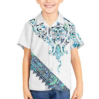Kahui Whetu Paua shell Kowhaiwhai Taniko Personalised Family Matching Off Shoulder Short Dress and Hawaiian Shirt Manta Ray Shark-Turtle Maori Tribal Style LT9 Son's Shirt Blue - Polynesian Pride