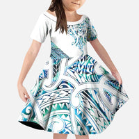 Kahui Whetu Paua shell Kowhaiwhai Taniko Personalised Family Matching Short Sleeve Bodycon Dress and Hawaiian Shirt Manta Ray Shark-Turtle Maori Tribal Style LT9 Daughter's Dress Blue - Polynesian Pride