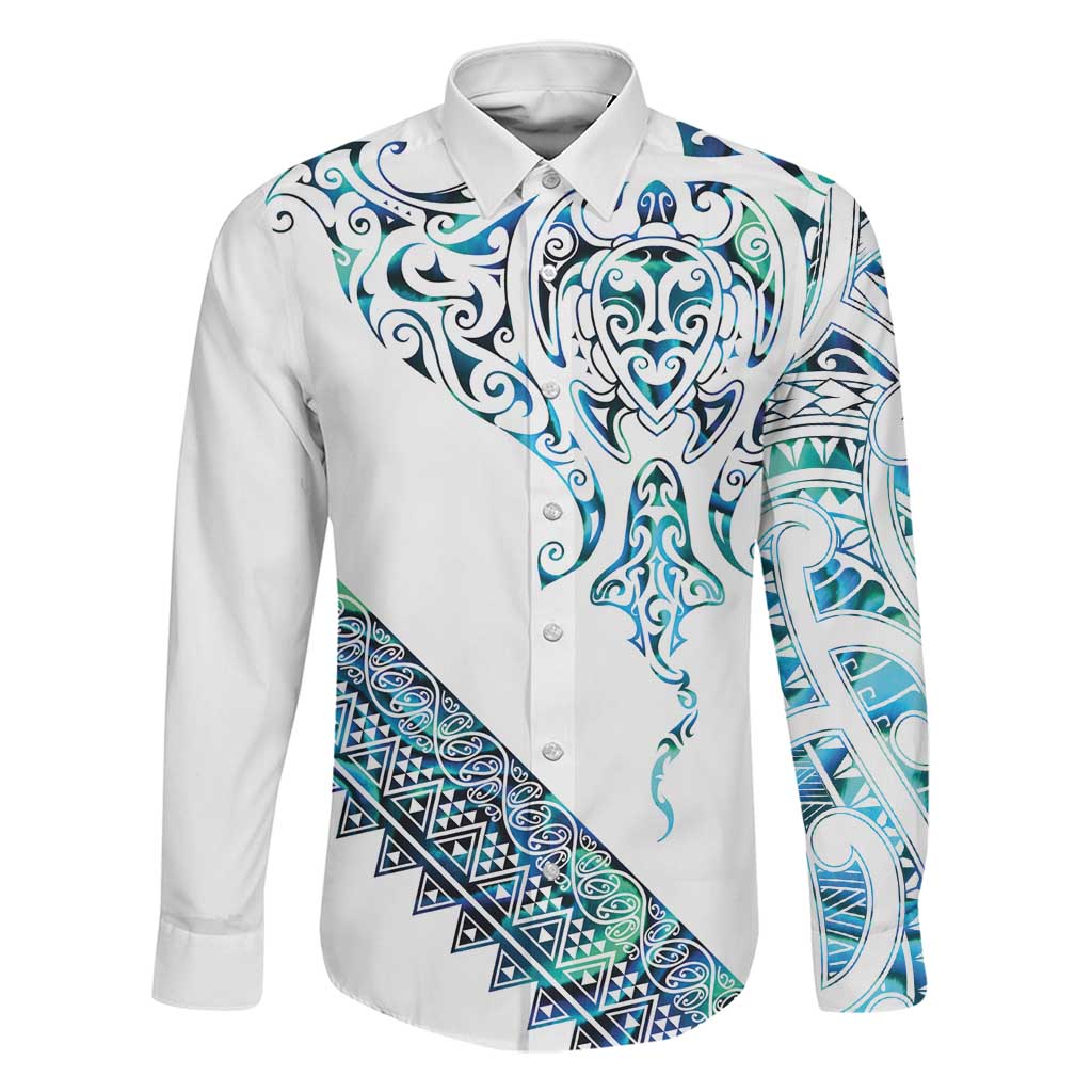 Kahui Whetu Paua shell Kowhaiwhai Taniko Personalised Family Matching Summer Maxi Dress and Hawaiian Shirt Manta Ray Shark-Turtle Maori Tribal Style LT9 Dad's Shirt - Long Sleeve Blue - Polynesian Pride