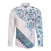 Kahui Whetu Paua shell Kowhaiwhai Taniko Personalised Long Sleeve Button Shirt Manta Ray Shark-Turtle Maori Tribal Style LT9 Unisex Blue - Polynesian Pride