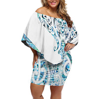 Kahui Whetu Paua shell Kowhaiwhai Taniko Personalised Off Shoulder Short Dress Manta Ray Shark-Turtle Maori Tribal Style LT9 Women Blue - Polynesian Pride