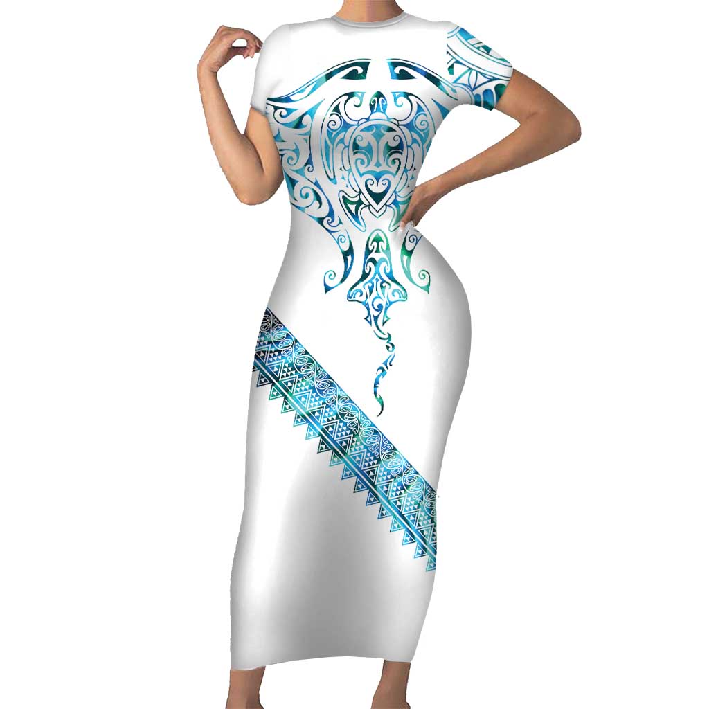 Kahui Whetu Paua shell Kowhaiwhai Taniko Personalised Short Sleeve Bodycon Dress Manta Ray Shark-Turtle Maori Tribal Style LT9 Long Dress Blue - Polynesian Pride