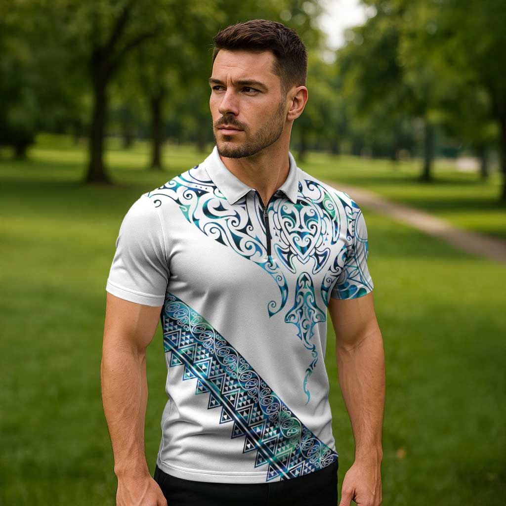 Kahui Whetu Paua shell Kowhaiwhai Taniko Personalised Zipper Polo Shirt Manta Ray Shark-Turtle Maori Tribal Style LT9 - Polynesian Pride