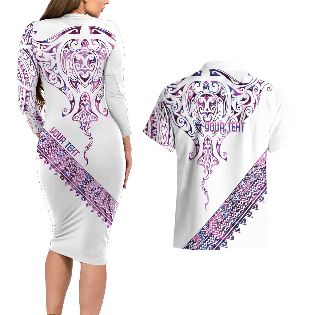 Mawhero Paua shell Kowhaiwhai Taniko Personalised Couples Matching Long Sleeve Bodycon Dress and Hawaiian Shirt Manta Ray Shark-Turtle Maori Tribal Style LT9 - Polynesian Pride