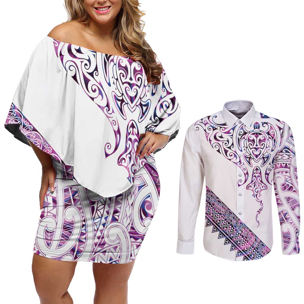 Mawhero Paua shell Kowhaiwhai Taniko Personalised Couples Matching Off Shoulder Short Dress and Long Sleeve Button Shirt Manta Ray Shark-Turtle Maori Tribal Style LT9 Pink - Polynesian Pride
