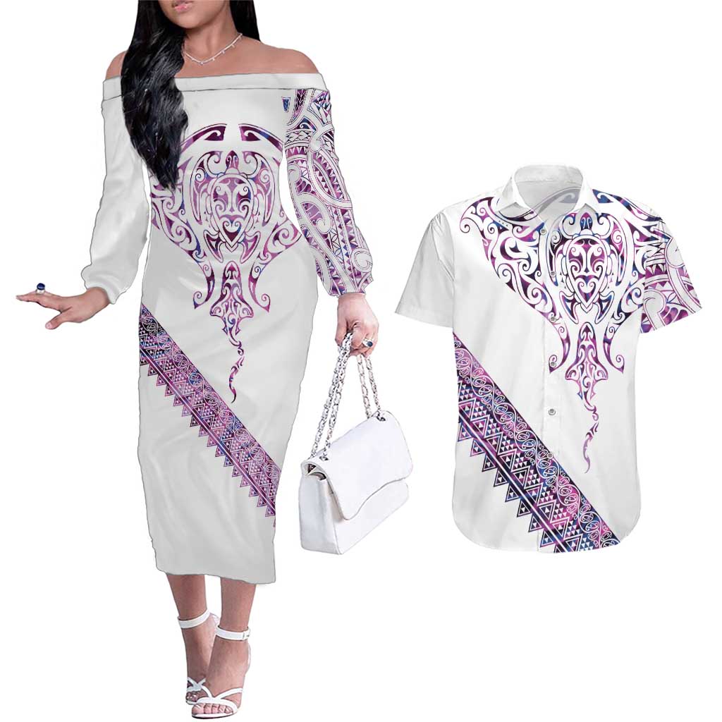 Mawhero Paua shell Kowhaiwhai Taniko Personalised Couples Matching Off The Shoulder Long Sleeve Dress and Hawaiian Shirt Manta Ray Shark-Turtle Maori Tribal Style LT9 Pink - Polynesian Pride
