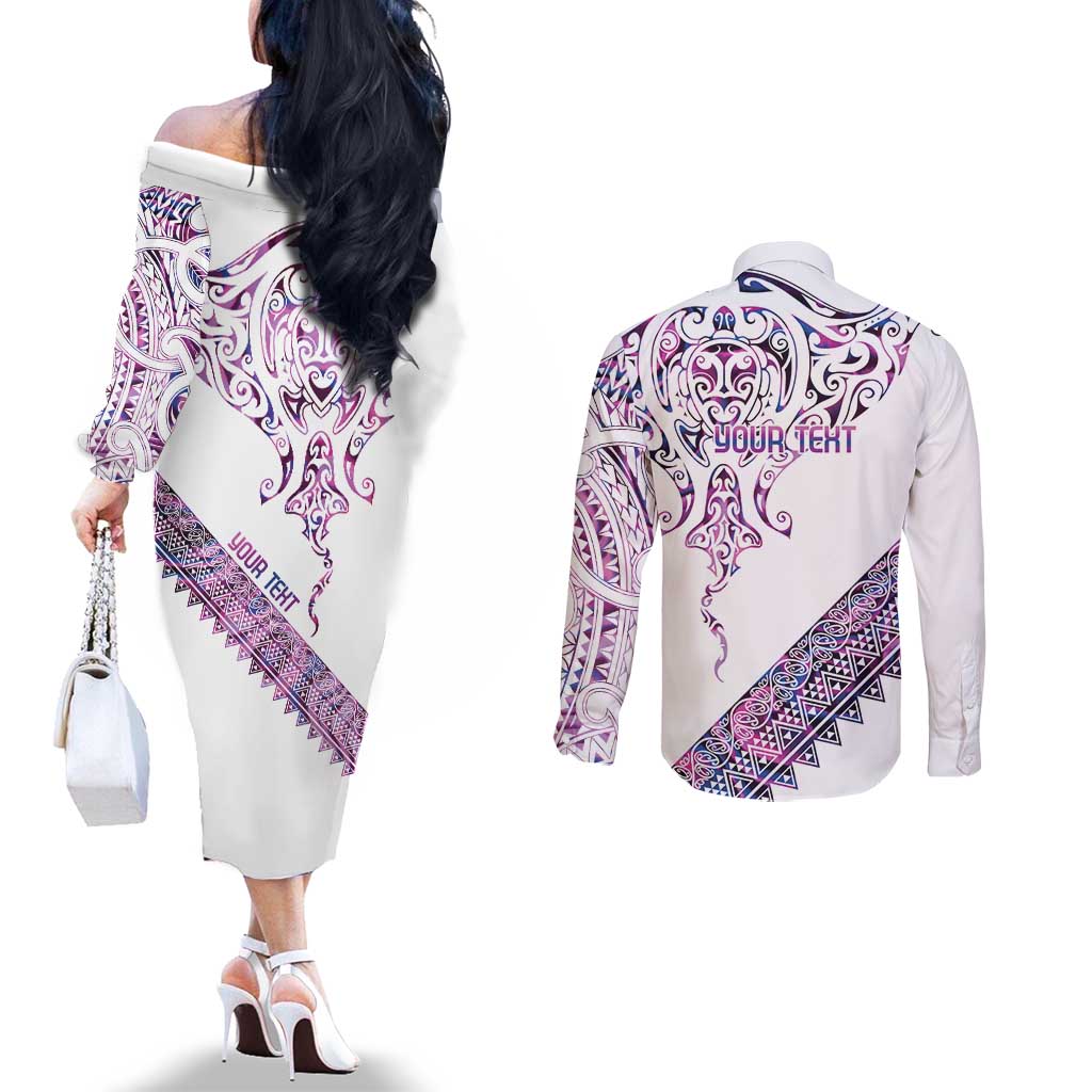 Mawhero Paua shell Kowhaiwhai Taniko Personalised Couples Matching Off The Shoulder Long Sleeve Dress and Long Sleeve Button Shirt Manta Ray Shark-Turtle Maori Tribal Style LT9 - Polynesian Pride