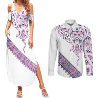 Mawhero Paua shell Kowhaiwhai Taniko Personalised Couples Matching Summer Maxi Dress and Long Sleeve Button Shirt Manta Ray Shark-Turtle Maori Tribal Style LT9 Pink - Polynesian Pride