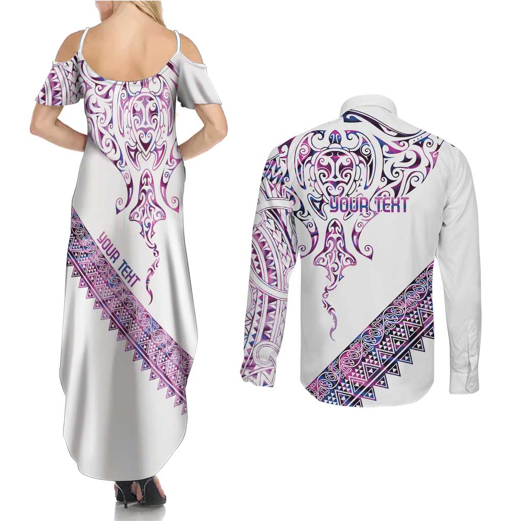 Mawhero Paua shell Kowhaiwhai Taniko Personalised Couples Matching Summer Maxi Dress and Long Sleeve Button Shirt Manta Ray Shark-Turtle Maori Tribal Style LT9 - Polynesian Pride