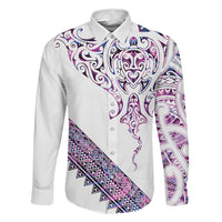 Mawhero Paua shell Kowhaiwhai Taniko Personalised Family Matching Off Shoulder Maxi Dress and Hawaiian Shirt Manta Ray Shark-Turtle Maori Tribal Style LT9 Dad's Shirt - Long Sleeve Pink - Polynesian Pride