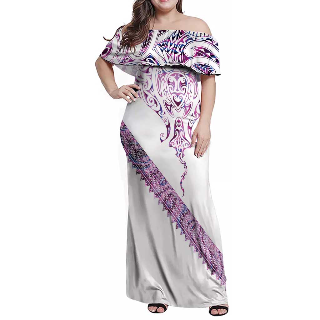 Mawhero Paua shell Kowhaiwhai Taniko Personalised Family Matching Off Shoulder Maxi Dress and Hawaiian Shirt Manta Ray Shark-Turtle Maori Tribal Style LT9 Mom's Dress Pink - Polynesian Pride