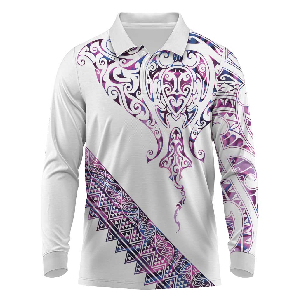 Mawhero Paua shell Kowhaiwhai Taniko Personalised Long Sleeve Polo Shirt Manta Ray Shark-Turtle Maori Tribal Style LT9 Pink - Polynesian Pride