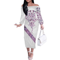 Mawhero Paua shell Kowhaiwhai Taniko Personalised Off The Shoulder Long Sleeve Dress Manta Ray Shark-Turtle Maori Tribal Style LT9 Women Pink - Polynesian Pride