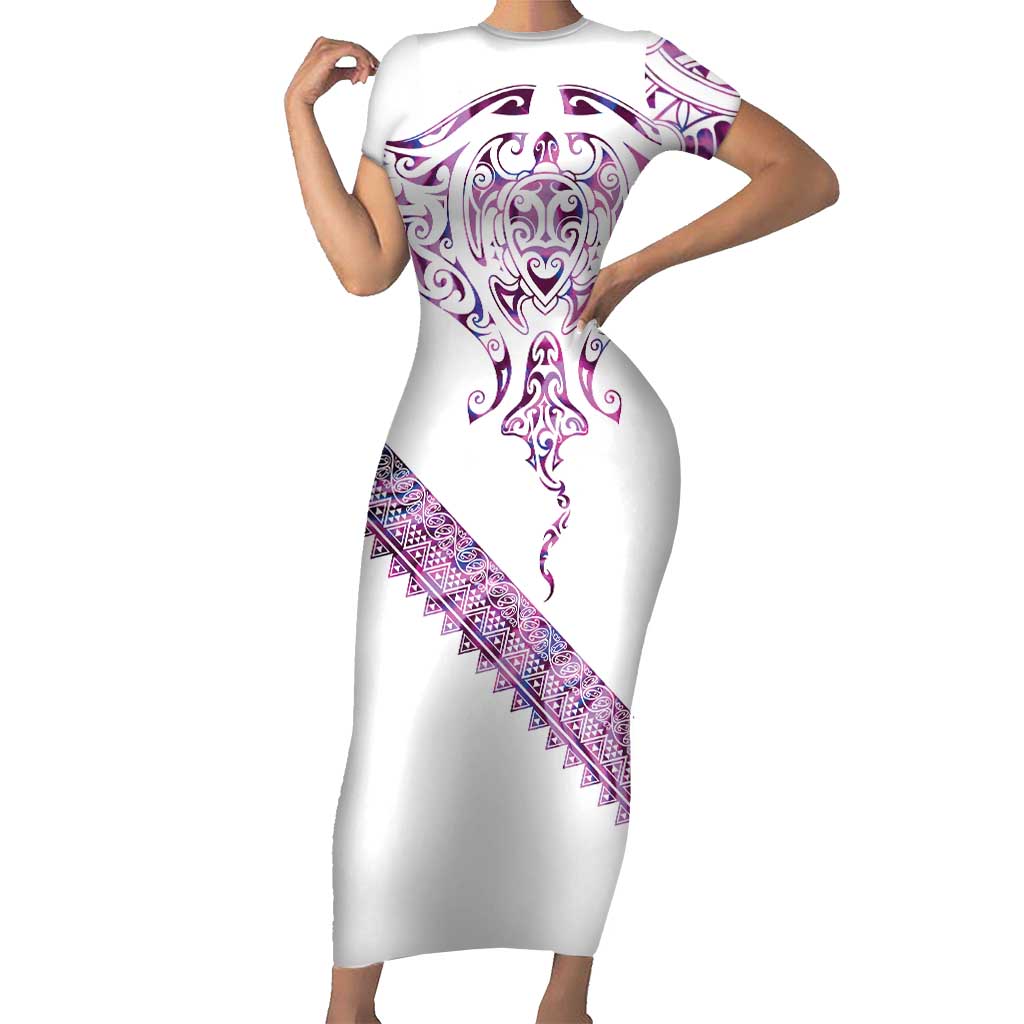 Mawhero Paua shell Kowhaiwhai Taniko Personalised Short Sleeve Bodycon Dress Manta Ray Shark-Turtle Maori Tribal Style LT9 Long Dress Pink - Polynesian Pride