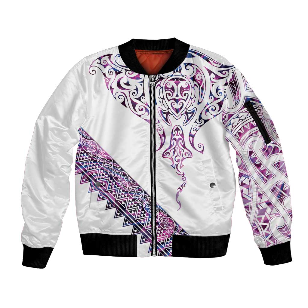 Mawhero Paua shell Kowhaiwhai Taniko Personalised Sleeve Zip Bomber Jacket Manta Ray Shark-Turtle Maori Tribal Style LT9 Unisex Pink - Polynesian Pride