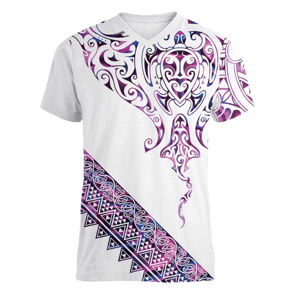Mawhero Paua shell Kowhaiwhai Taniko Personalised Women V-Neck T-Shirt Manta Ray Shark-Turtle Maori Tribal Style