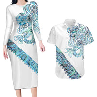 Kahui Whetu Paua shell Kowhaiwhai Taniko Personalised Couples Matching Long Sleeve Bodycon Dress and Hawaiian Shirt Taniwha Maori Tribal Style LT9 Blue - Polynesian Pride