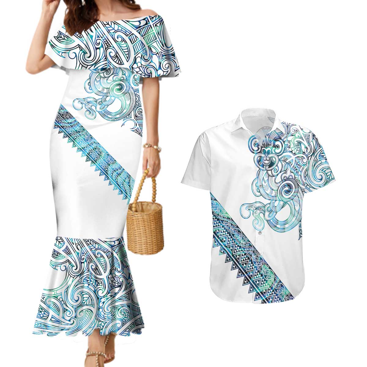 Kahui Whetu Paua shell Kowhaiwhai Taniko Personalised Couples Matching Mermaid Dress and Hawaiian Shirt Taniwha Maori Tribal Style