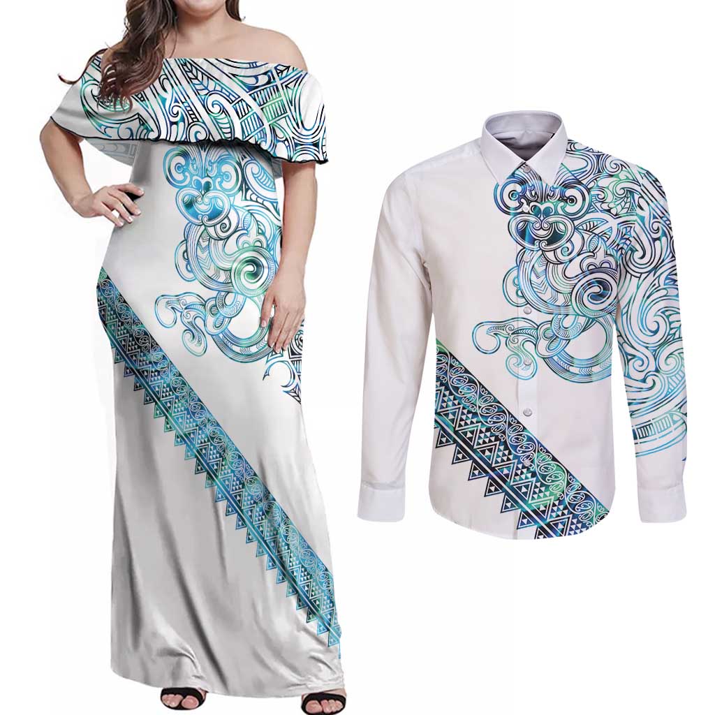 Kahui Whetu Paua shell Kowhaiwhai Taniko Personalised Couples Matching Off Shoulder Maxi Dress and Long Sleeve Button Shirt Taniwha Maori Tribal Style LT9 Blue - Polynesian Pride