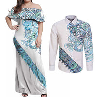 Kahui Whetu Paua shell Kowhaiwhai Taniko Personalised Couples Matching Off Shoulder Maxi Dress and Long Sleeve Button Shirt Taniwha Maori Tribal Style LT9 Blue - Polynesian Pride