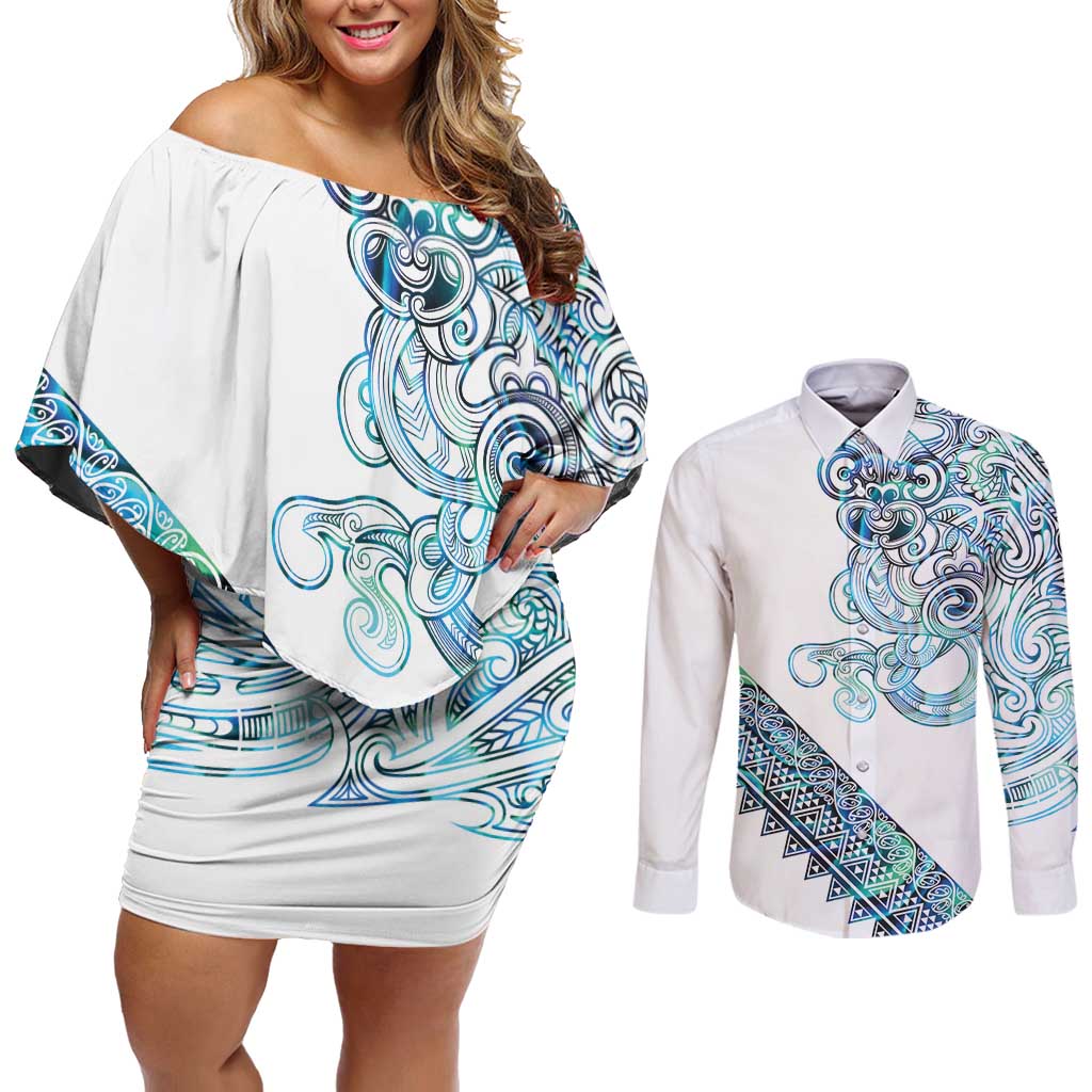 Kahui Whetu Paua shell Kowhaiwhai Taniko Personalised Couples Matching Off Shoulder Short Dress and Long Sleeve Button Shirt Taniwha Maori Tribal Style LT9 Blue - Polynesian Pride