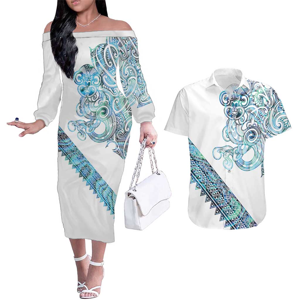 Kahui Whetu Paua shell Kowhaiwhai Taniko Personalised Couples Matching Off The Shoulder Long Sleeve Dress and Hawaiian Shirt Taniwha Maori Tribal Style