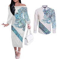 Kahui Whetu Paua shell Kowhaiwhai Taniko Personalised Couples Matching Off The Shoulder Long Sleeve Dress and Long Sleeve Button Shirt Taniwha Maori Tribal Style LT9 Blue - Polynesian Pride