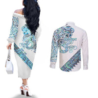 Kahui Whetu Paua shell Kowhaiwhai Taniko Personalised Couples Matching Off The Shoulder Long Sleeve Dress and Long Sleeve Button Shirt Taniwha Maori Tribal Style LT9 - Polynesian Pride